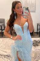 Load image into Gallery viewer, Sheath Sweetheart Light Blue Sequins Long Formal Dress with Feather