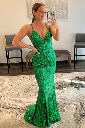 Mermaid Spaghetti Straps Green Sequins Backless Long Formal Dress