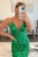 Load image into Gallery viewer, Mermaid Spaghetti Straps Green Sequins Backless Long Formal Dress