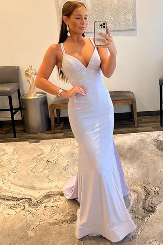 Sparkly Mermaid Spaghetti Straps White Sequins Long Formal Dress