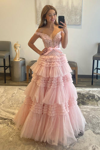 Princess A Line Off the Shoulder Light Pink Long Formal Dress with Ruffles