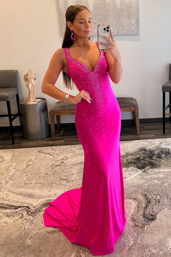 Mermaid V Neck Hot Pink Long Formal Dress with Beading