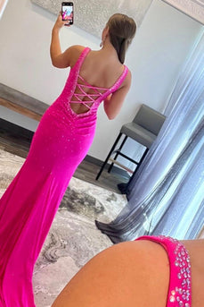 Mermaid V Neck Hot Pink Long Formal Dress with Beading