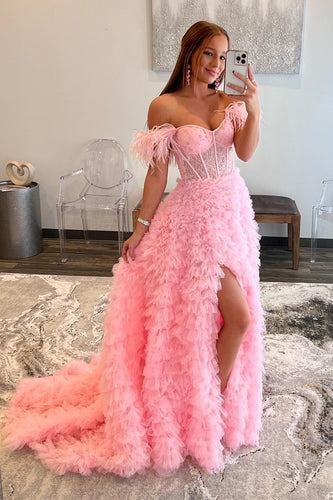 Princess A Line Off the Shoulder Pink Long Formal Dress with Feather