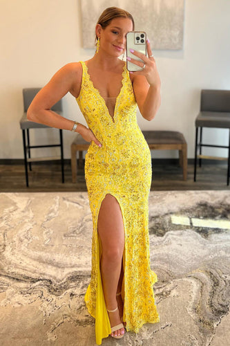 Sparkly Yellow Mermaid Lace Long Formal Dress with Beading