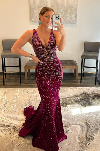 Sparkly Fuchsia Sequins Backless Mermaid Long Formal Dress