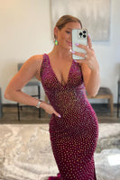 Load image into Gallery viewer, Sparkly Fuchsia Sequins Backless Mermaid Long Formal Dress