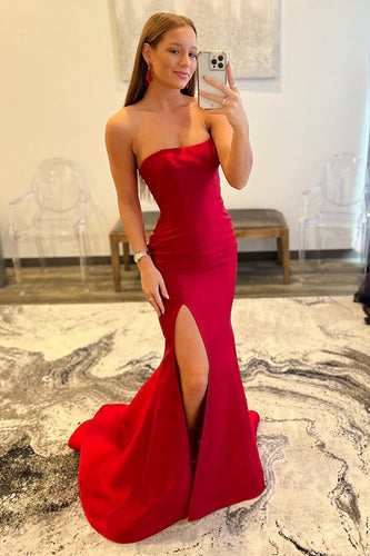 Red Strapless Mermaid Formal Dress With Slit