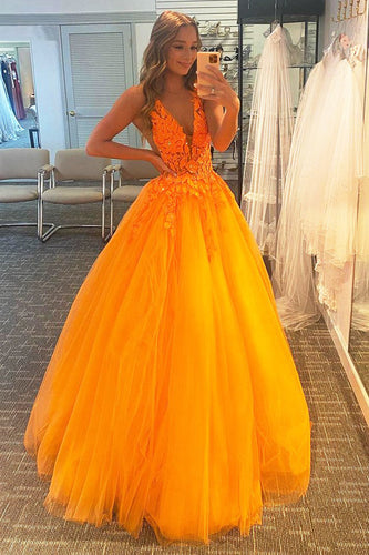 A Line V Neck Orange Formal Dress with Appliques