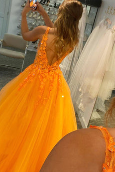 A Line V Neck Orange Formal Dress with Appliques