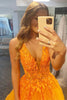 Load image into Gallery viewer, A Line V Neck Orange Formal Dress with Appliques