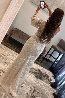 White Sequins One Shoulder Formal Dress with Slit