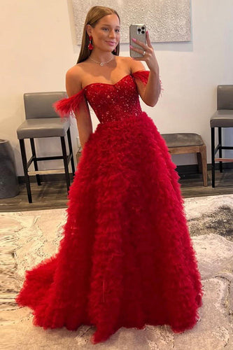 Red Off the Shoulder A-Line Princess Formal Dress