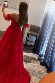Red Off the Shoulder A-Line Princess Formal Dress