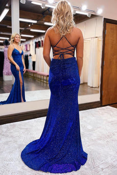 Sheath Spaghetti Straps Blue Sequins Long Formal Dress with Silt