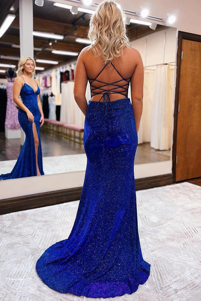 Load image into Gallery viewer, Sheath Spaghetti Straps Blue Sequins Long Formal Dress with Silt