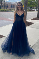 Load image into Gallery viewer, A Line Spaghetti Straps Navy Long Formal Dress