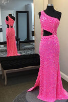 Load image into Gallery viewer, Hot Pink One Shoulder Sequins Formal Dress with Slit