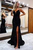 Load image into Gallery viewer, Black Lace-Up Back Sequis Mermaid Formal Dress with Slit