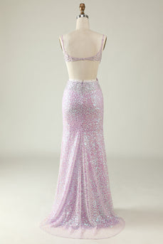 Sheath V Neck Lilac Sequins Long Formal Dress with Split Front