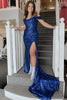 Load image into Gallery viewer, Blue Off Shoulder Mermaid Formal Dress with Slit