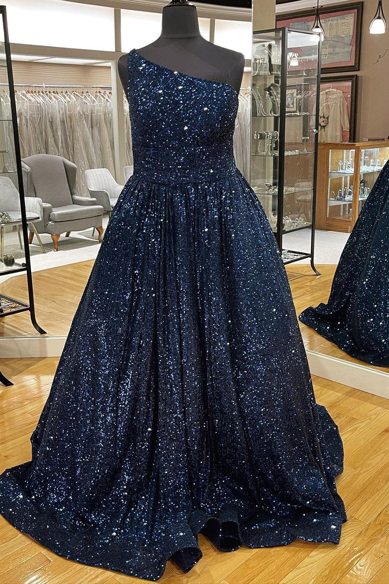 Load image into Gallery viewer, Blue One Shoulder A Line Sequins Formal Dress