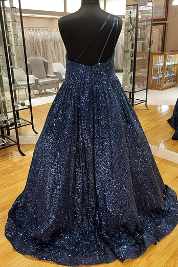 Blue One Shoulder A Line Sequins Formal Dress