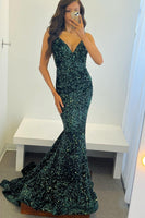 Load image into Gallery viewer, Dark Green Sequins Backless Mermaid Formal Dress