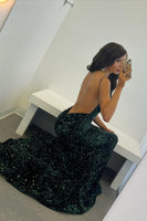 Load image into Gallery viewer, Dark Green Sequins Backless Mermaid Formal Dress