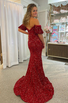 Burgundy Off Shoulder Sequins Mermaid Formal Dress with Slit