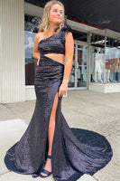 Load image into Gallery viewer, Mermaid One Shoulder Cut Out Black Sequins Long Formal Dress