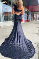 Load image into Gallery viewer, Mermaid One Shoulder Cut Out Black Sequins Long Formal Dress