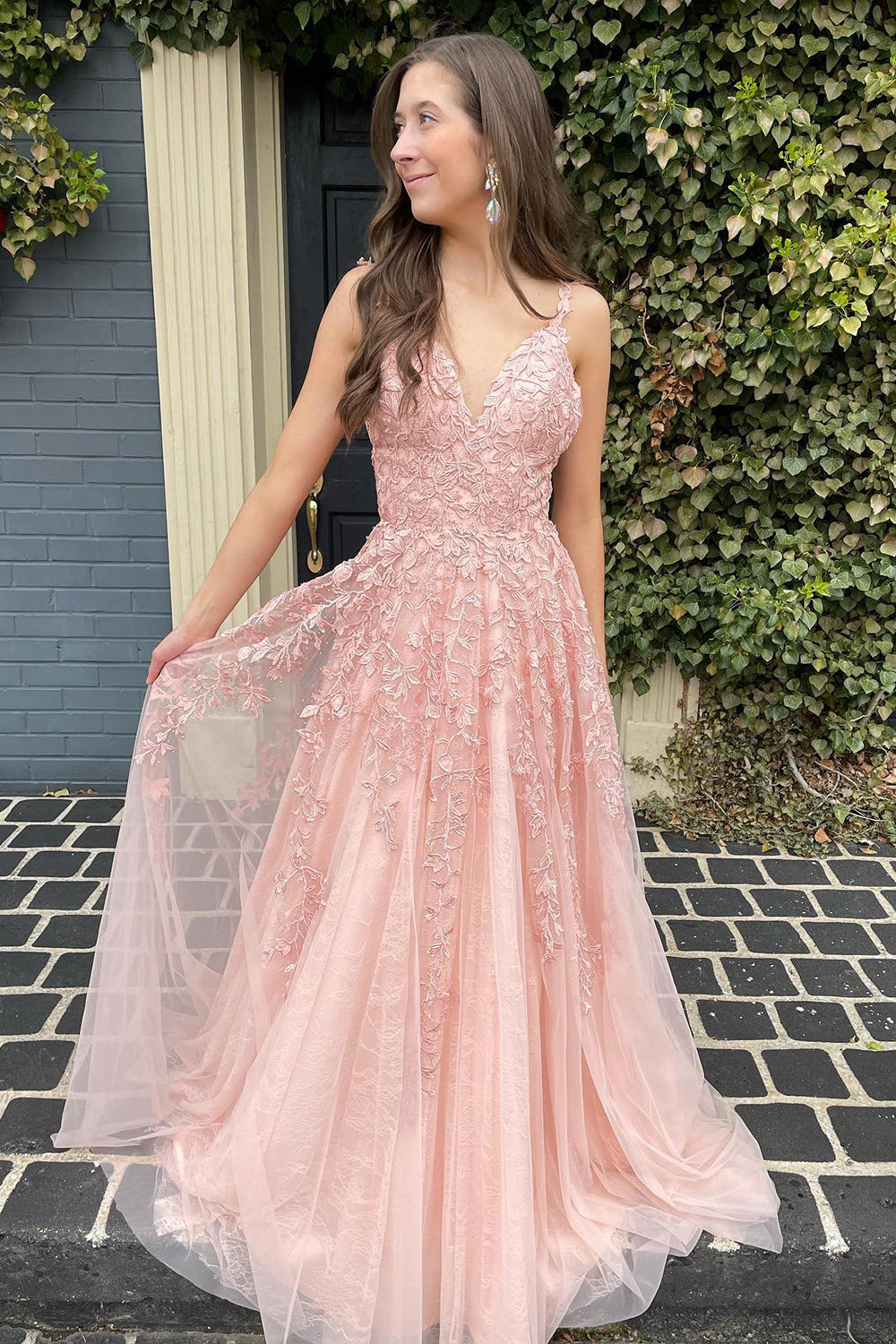 A Line Spaghetti Straps Light Pink Long Formal Dress with Appliques