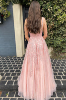 Load image into Gallery viewer, A Line Spaghetti Straps Light Pink Long Formal Dress with Appliques