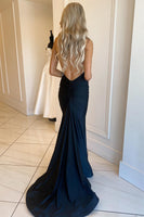 Load image into Gallery viewer, Mermaid Deep V Neck Black Long Formal Dress with Open Back