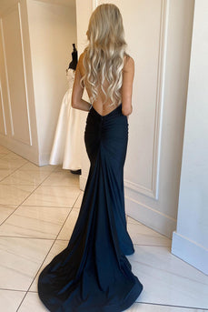 Mermaid Deep V Neck Black Long Formal Dress with Open Back