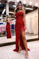 Load image into Gallery viewer, Sparkly Spaghetti Straps Burgundy Sequins Long Formal Dress with Fringes