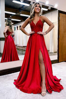 Load image into Gallery viewer, Dark Green Satin A-Line Appliques Formal Dress with Slit