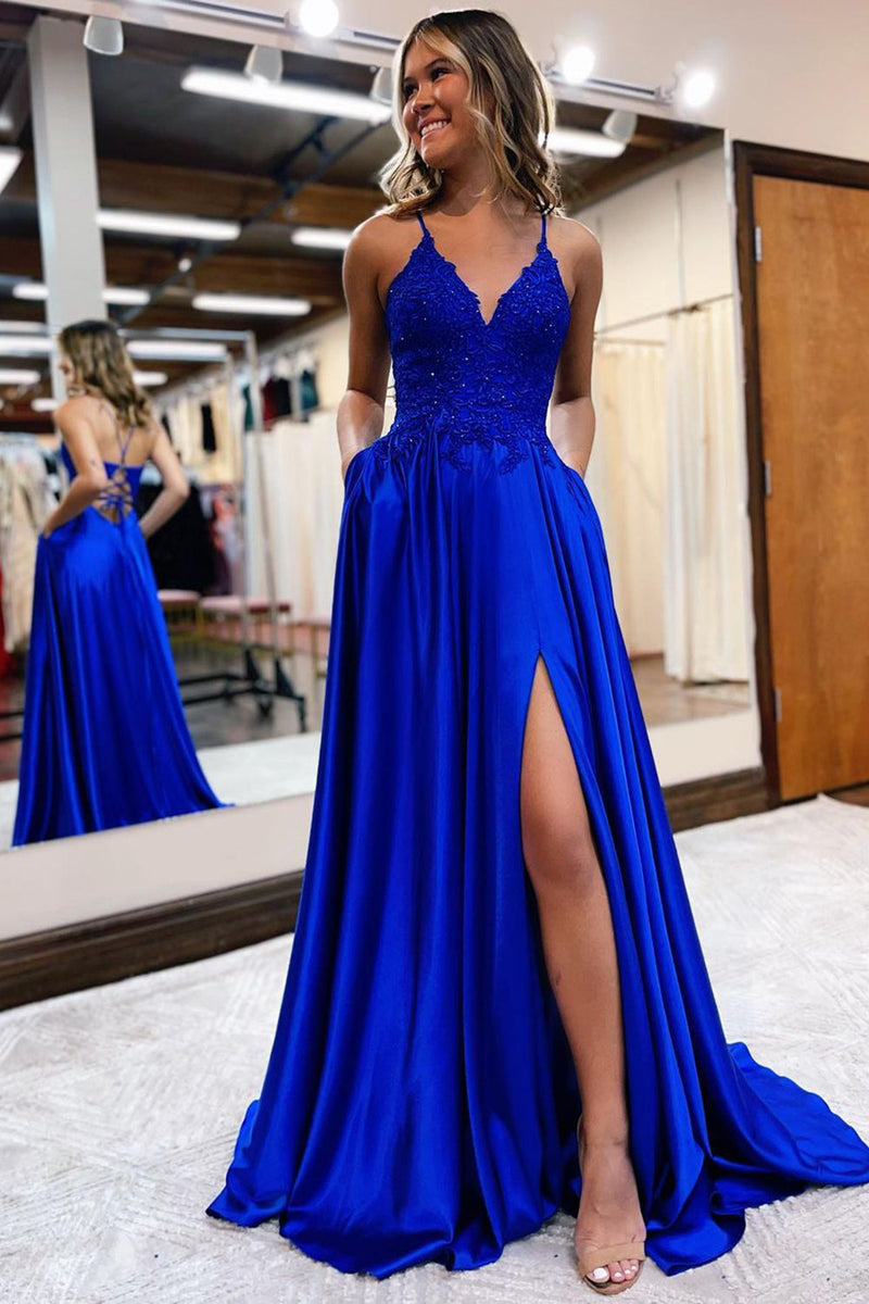 Load image into Gallery viewer, Dark Green Satin A-Line Appliques Formal Dress with Slit