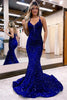 Load image into Gallery viewer, Mermaid Royal Blue Spaghetti Straps Sequins Long Formal Dress