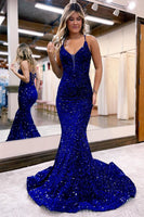 Load image into Gallery viewer, Mermaid Royal Blue Spaghetti Straps Sequins Long Formal Dress