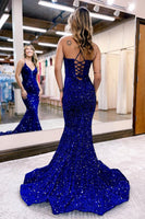 Load image into Gallery viewer, Mermaid Royal Blue Spaghetti Straps Sequins Long Formal Dress