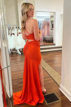 One Shoulder Orange Glitter Formal Dress with Slit