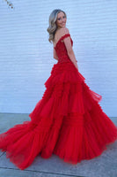 Load image into Gallery viewer, Lavender Off Shoulder Tiered Formal Dress with Lace