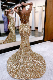 Golden Sequin Sparkly Mermaid Formal Dress