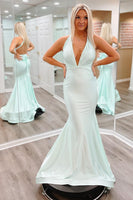 Load image into Gallery viewer, Light Green V-Neck Satin Mermaid Formal Dress