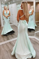 Load image into Gallery viewer, Light Green V-Neck Satin Mermaid Formal Dress