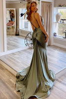 Load image into Gallery viewer, Green Spaghetti Straps Satin Backless Mermaid Formal Dress