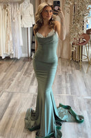 Load image into Gallery viewer, Green Spaghetti Straps Satin Backless Mermaid Formal Dress