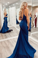 Load image into Gallery viewer, Green Spaghetti Straps Satin Backless Mermaid Formal Dress